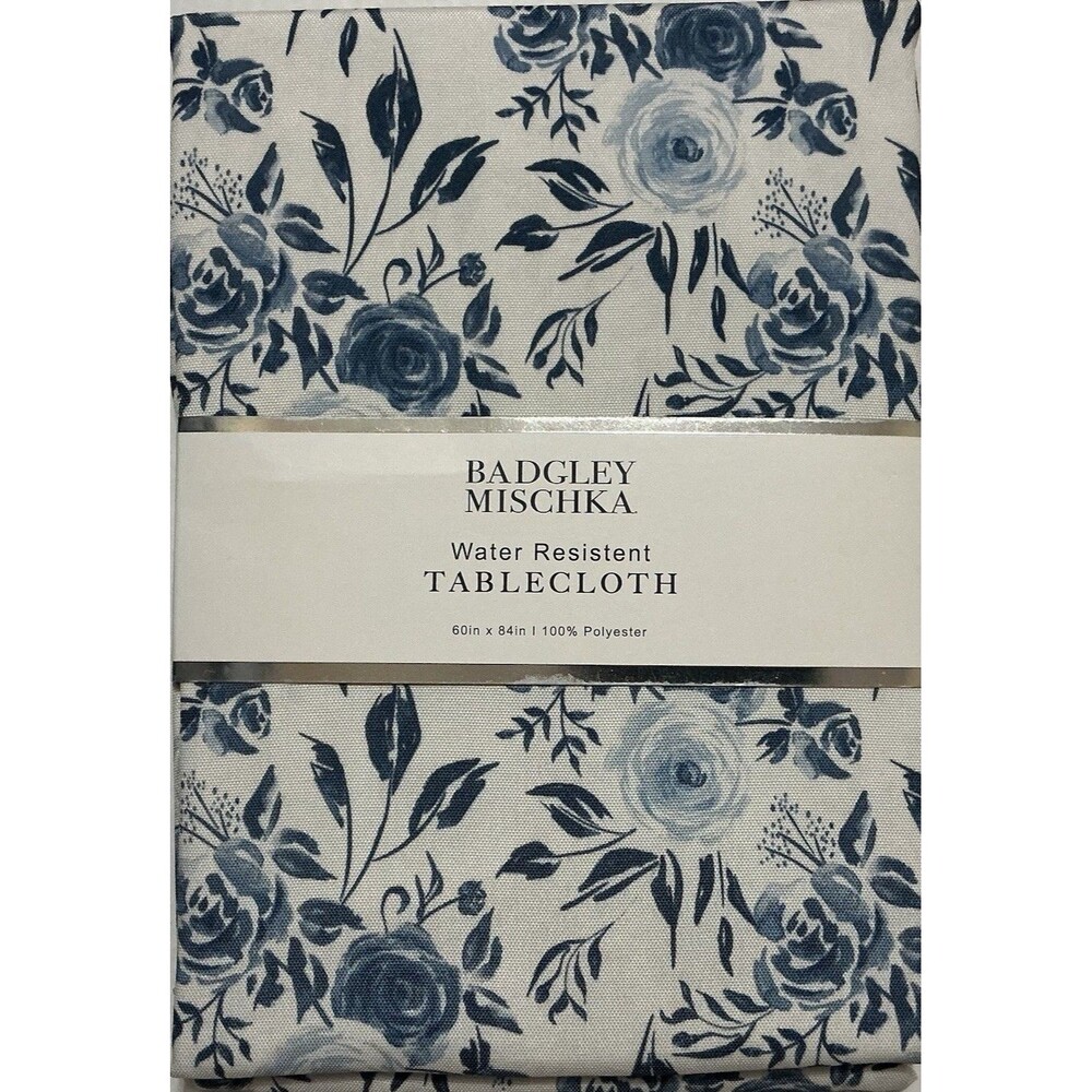 Badgley Mischka Fabric Tablecloth 60 X 84 Blue Floral Oblong Indoor Outdoor